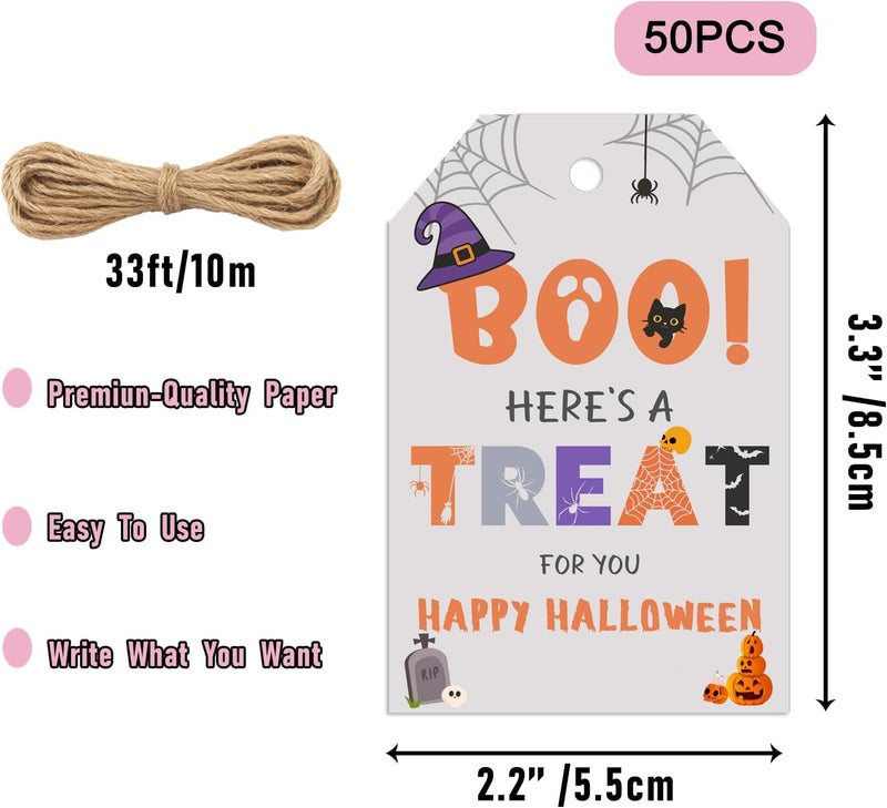 llyinglpdec 50PCS Halloween Paper Tags with String, 2.2"x3.3" Boo Treat Tags for Candy Bags, Pumpkin Cat Bat Design, Party Favor for Halloween Decorations - Image 2